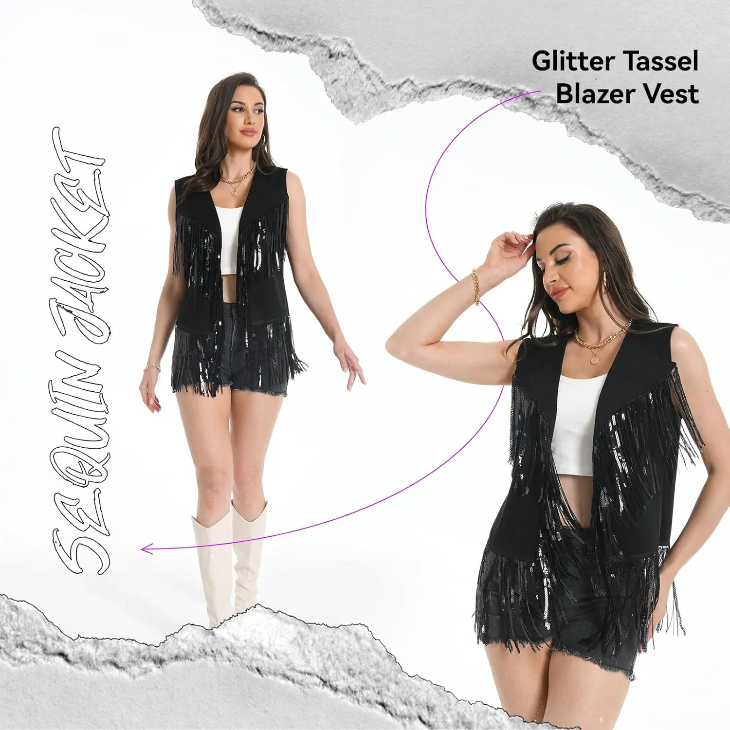 Fringe Vest - 60s 70s Outfits for Women Cowgirl Tassel Sleeveless Hippie Costume Western Faux Suede
