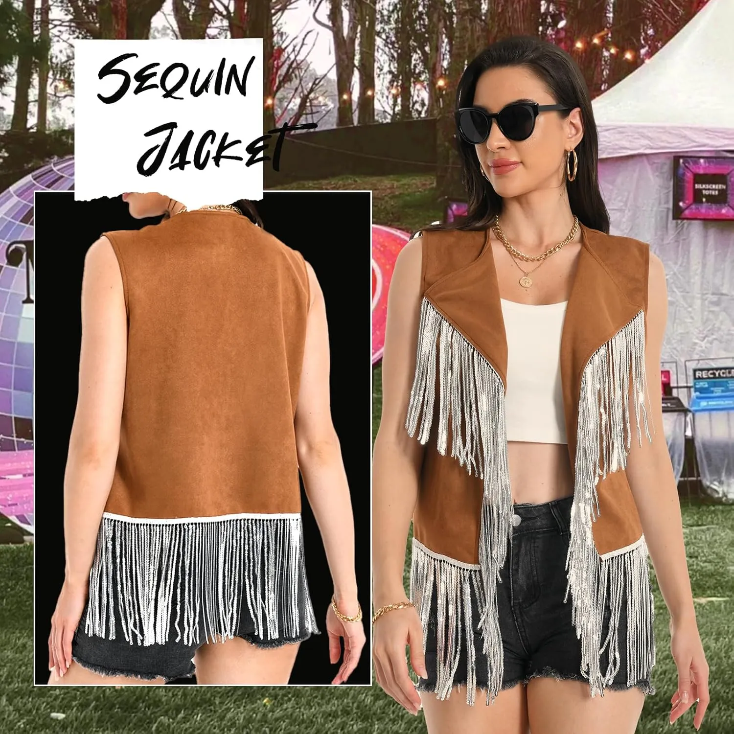 Fringe Vest - 60s 70s Outfits for Women Cowgirl Tassel Sleeveless Hippie Costume Western Faux Suede