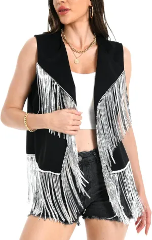 Fringe Vest - 60s 70s Outfits for Women Cowgirl Tassel Sleeveless Hippie Costume Western Faux Suede