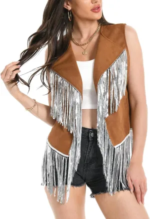 Fringe Vest - 60s 70s Outfits for Women Cowgirl Tassel Sleeveless Hippie Costume Western Faux Suede