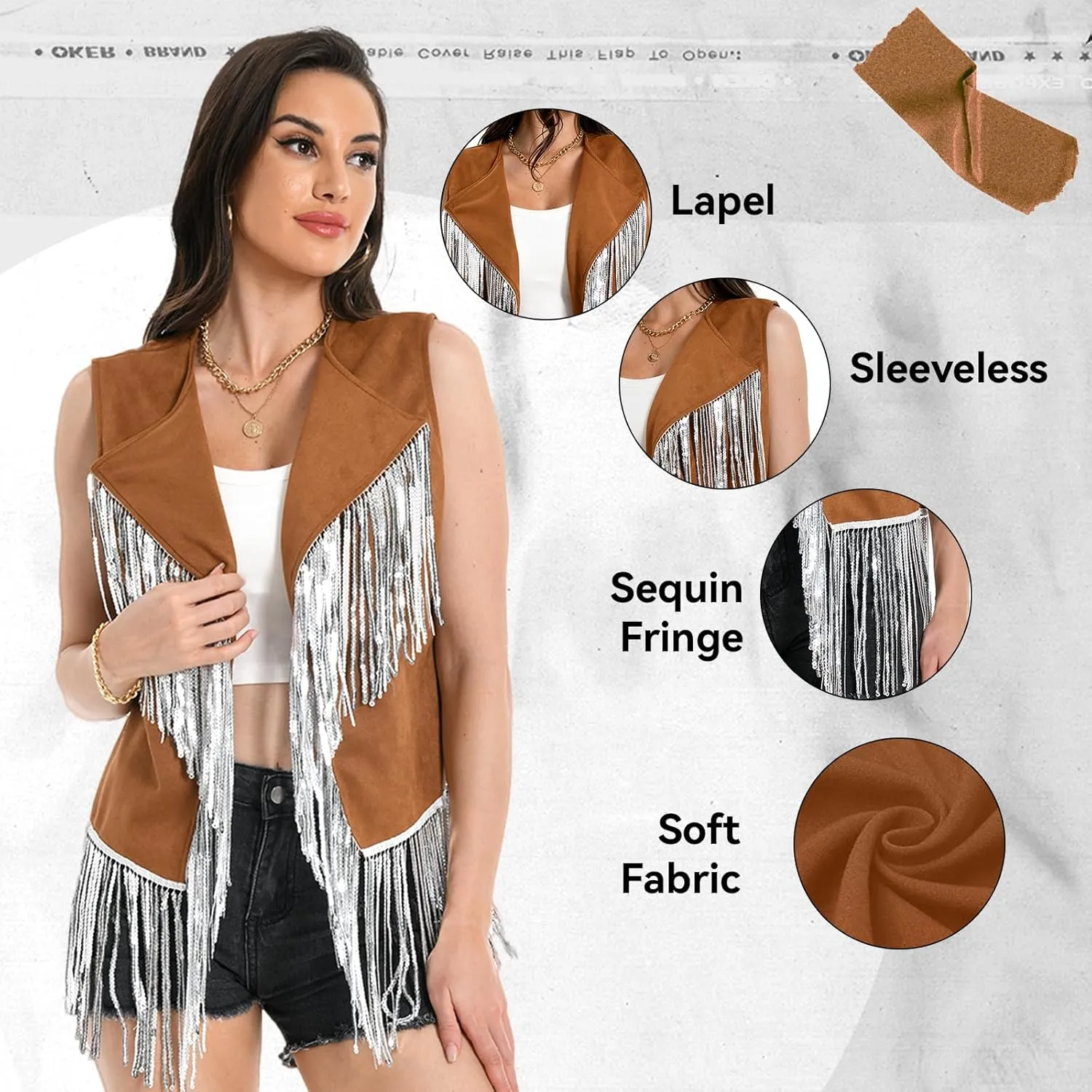 Fringe Vest - 60s 70s Outfits for Women Cowgirl Tassel Sleeveless Hippie Costume Western Faux Suede