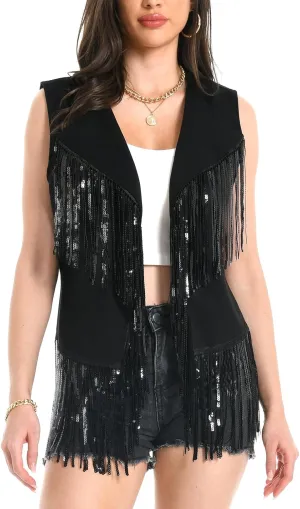 Fringe Vest - 60s 70s Outfits for Women Cowgirl Tassel Sleeveless Hippie Costume Western Faux Suede