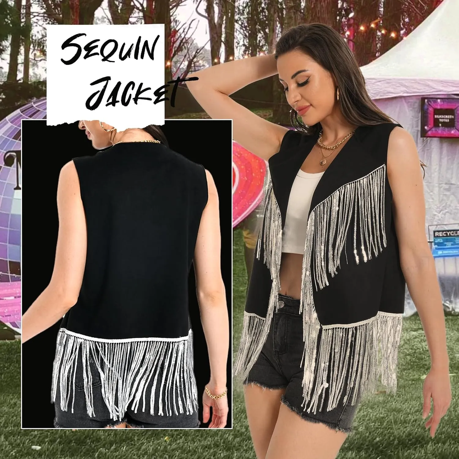 Fringe Vest - 60s 70s Outfits for Women Cowgirl Tassel Sleeveless Hippie Costume Western Faux Suede