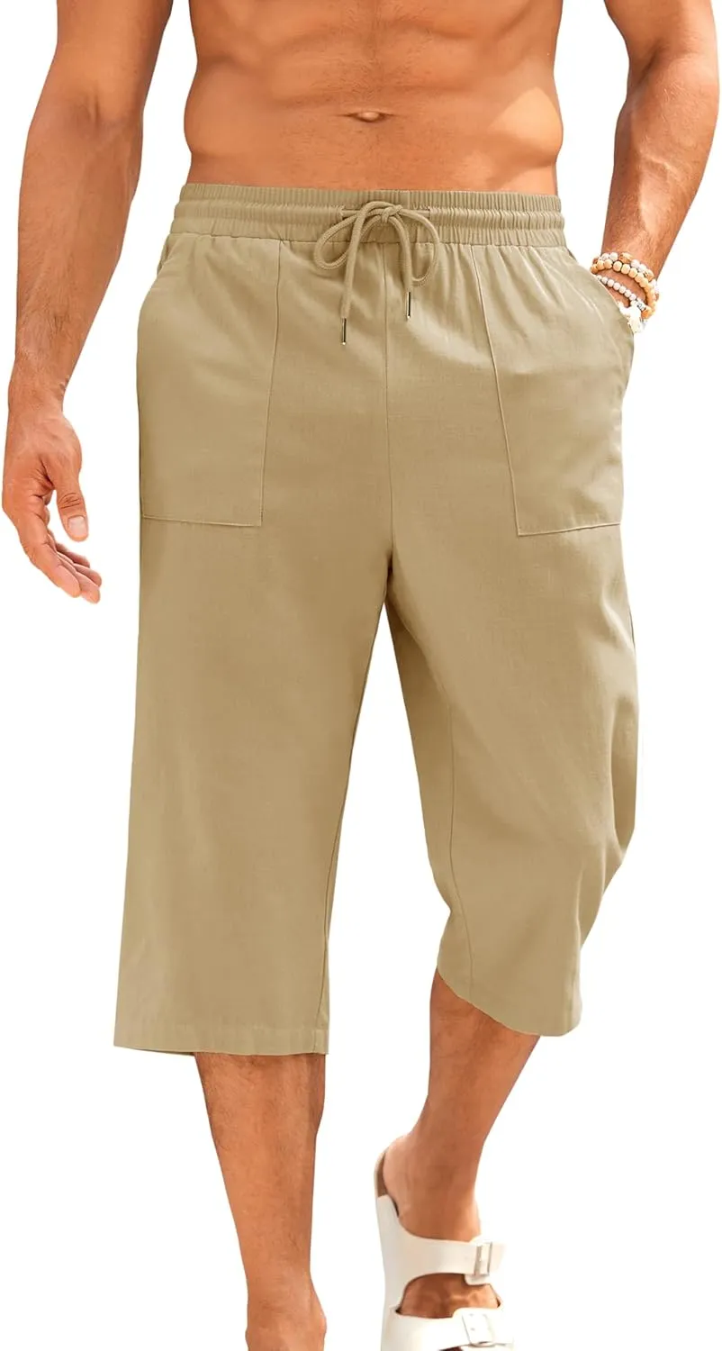 Gafeng Mens Cotton Linen Yoga Pants Elastic Drawstring Casual 3/4 Capri Shorts with Pockets