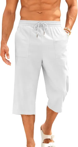Gafeng Mens Cotton Linen Yoga Pants Elastic Drawstring Casual 3/4 Capri Shorts with Pockets