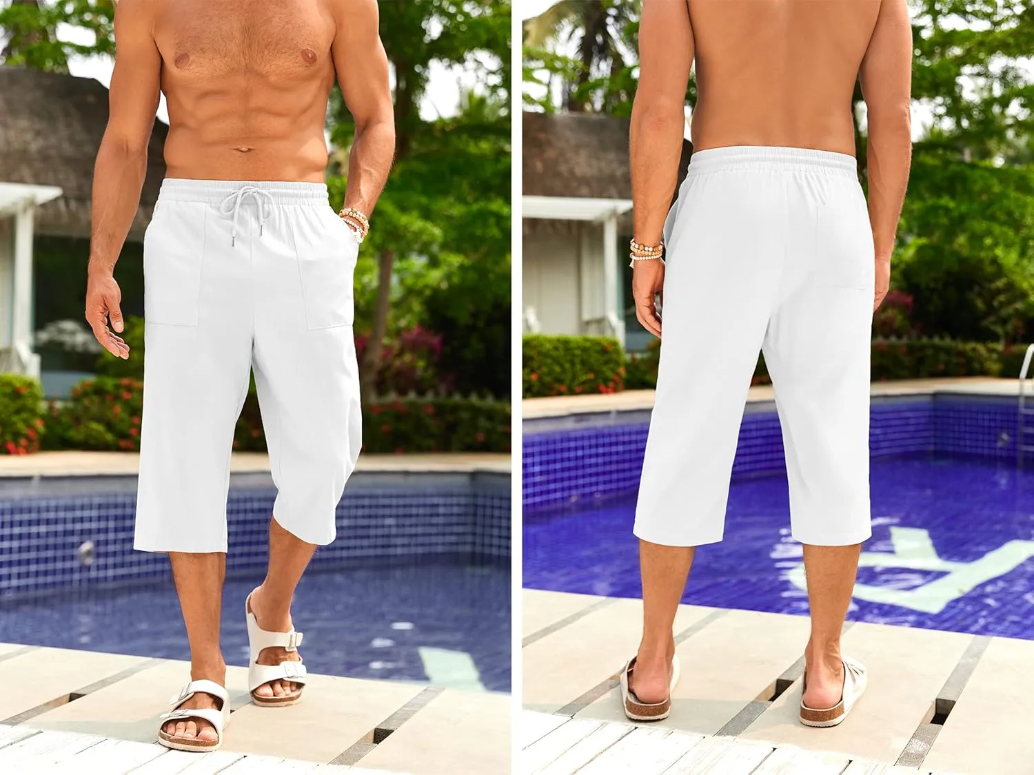 Gafeng Mens Cotton Linen Yoga Pants Elastic Drawstring Casual 3/4 Capri Shorts with Pockets