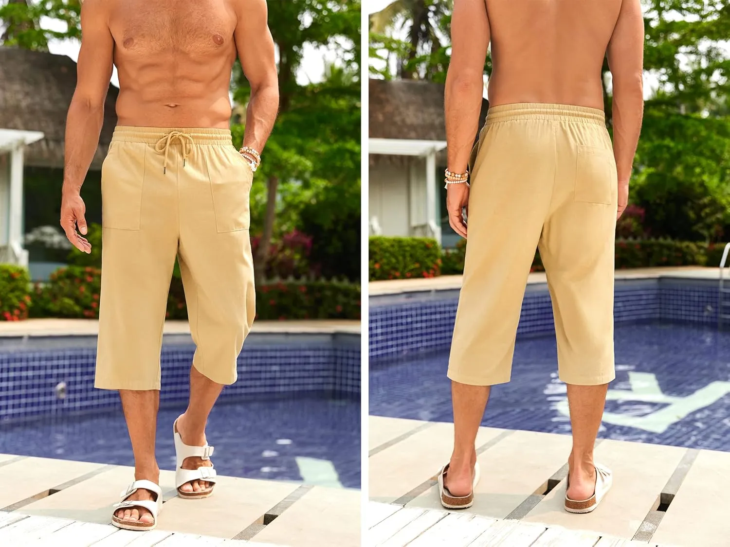 Gafeng Mens Cotton Linen Yoga Pants Elastic Drawstring Casual 3/4 Capri Shorts with Pockets