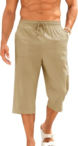 Gafeng Mens Cotton Linen Yoga Pants Elastic Drawstring Casual 3/4 Capri Shorts with Pockets