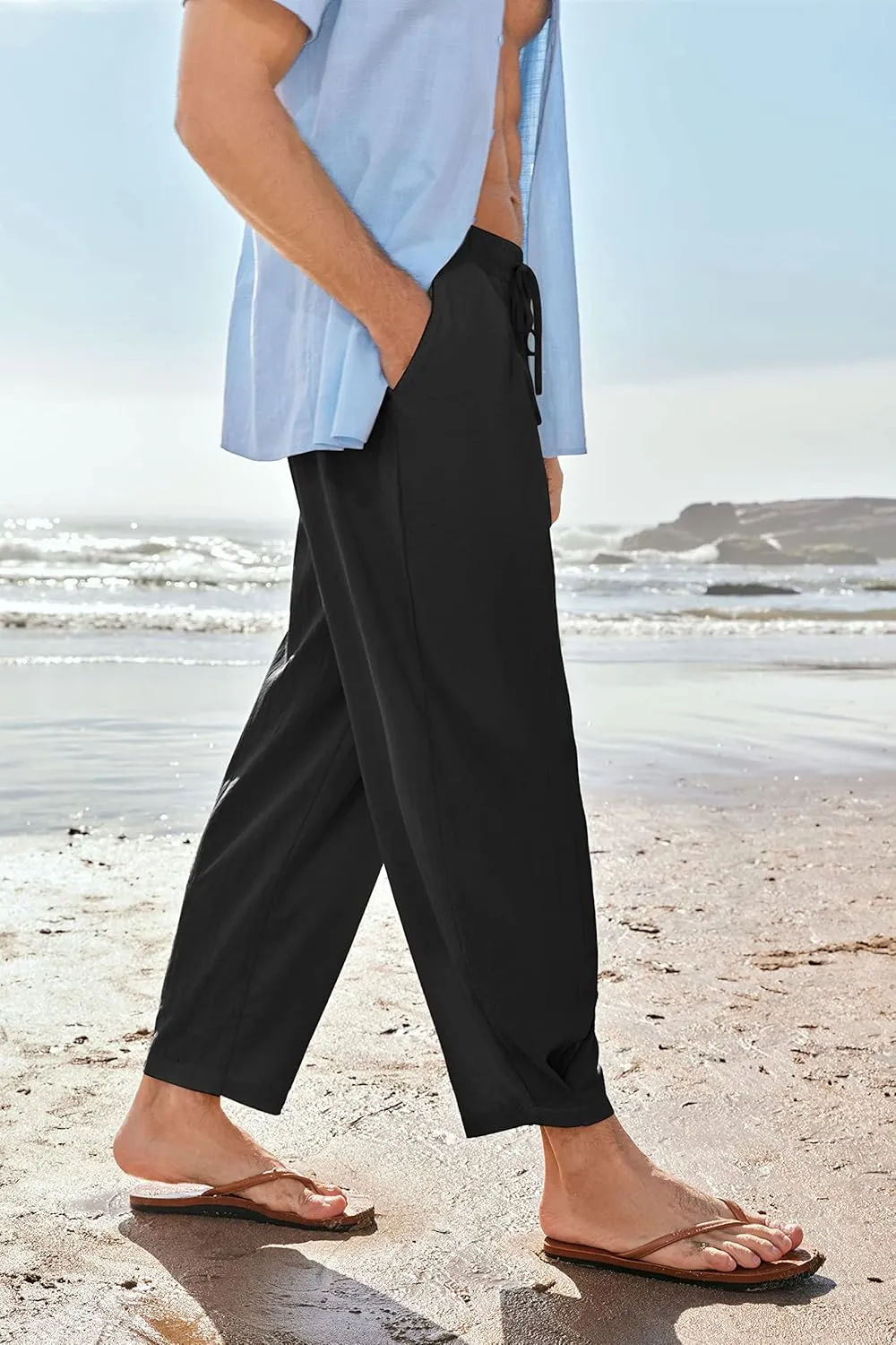 Gafeng Mens Linen Yoga Pants Elastic Waist Drawstring Summer Beach Loose Fit Casual Tapered Trousers