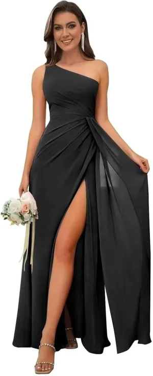 GATMAHE One Shoulder Bridesmaid Dresses for Women Ruched Chiffon Ruffle A Line Formal Dress with Slit