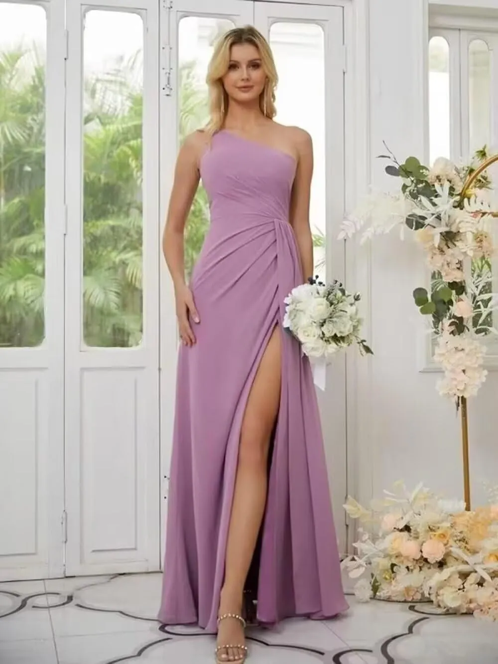 GATMAHE One Shoulder Bridesmaid Dresses for Women Ruched Chiffon Ruffle A Line Formal Dress with Slit