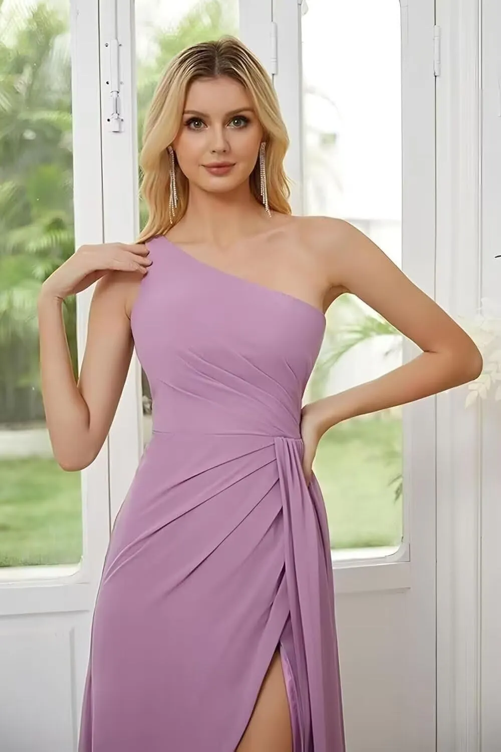 GATMAHE One Shoulder Bridesmaid Dresses for Women Ruched Chiffon Ruffle A Line Formal Dress with Slit