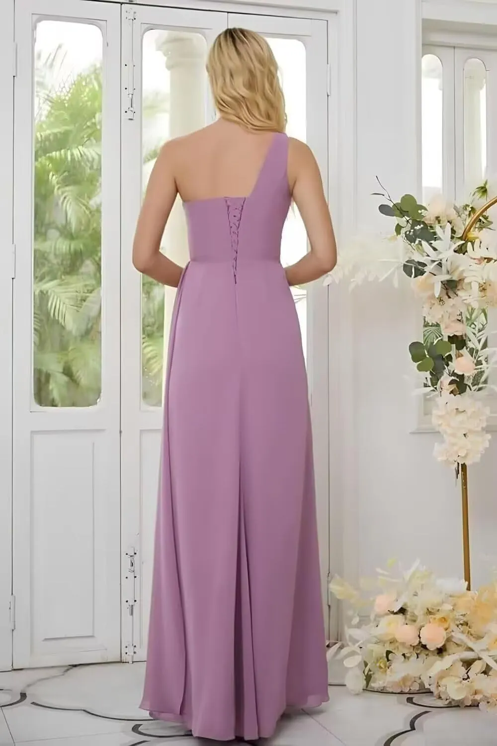 GATMAHE One Shoulder Bridesmaid Dresses for Women Ruched Chiffon Ruffle A Line Formal Dress with Slit