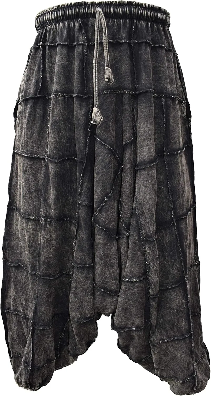 Gheri Men's Light Cotton Drop Crotch Ninja Aladdin Genie Black Patchwork Harem Trousers