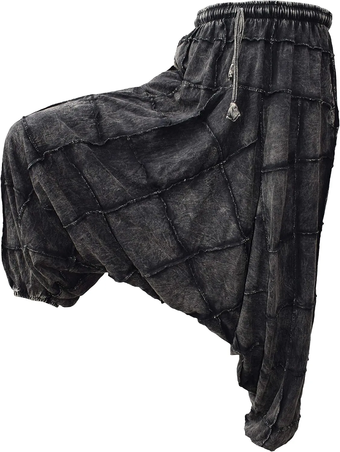Gheri Men's Light Cotton Drop Crotch Ninja Aladdin Genie Black Patchwork Harem Trousers