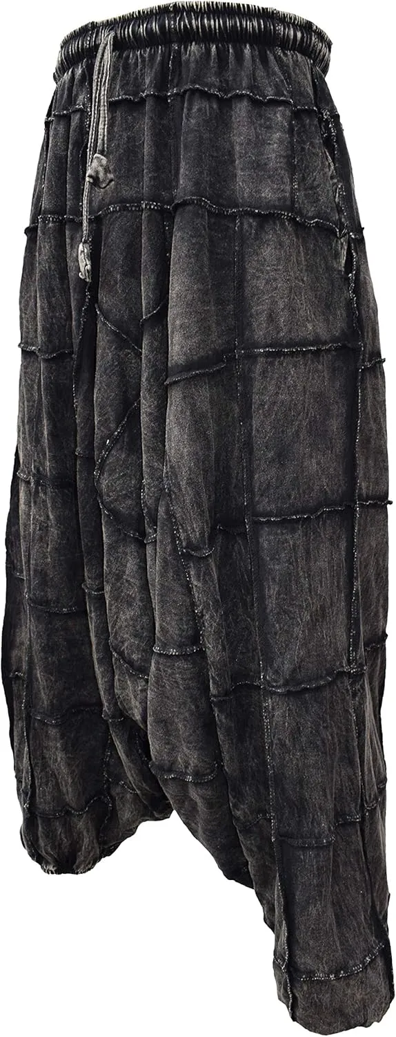 Gheri Men's Light Cotton Drop Crotch Ninja Aladdin Genie Black Patchwork Harem Trousers