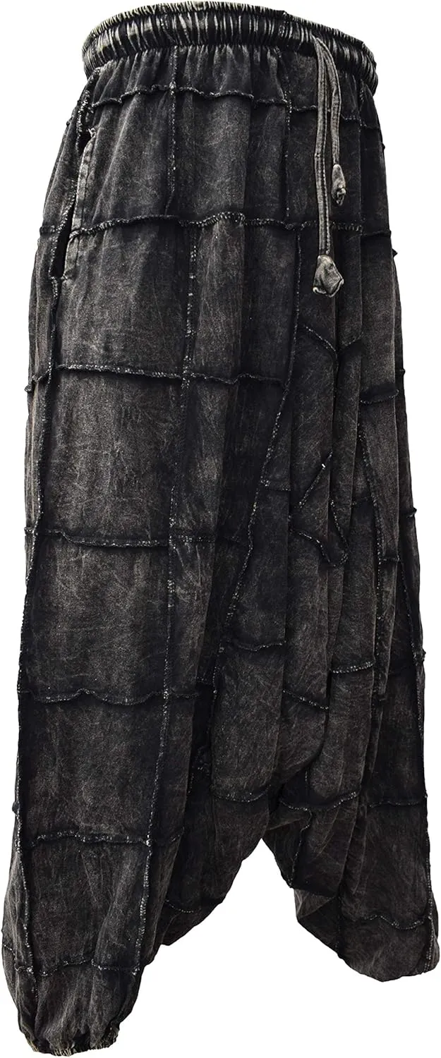Gheri Men's Light Cotton Drop Crotch Ninja Aladdin Genie Black Patchwork Harem Trousers