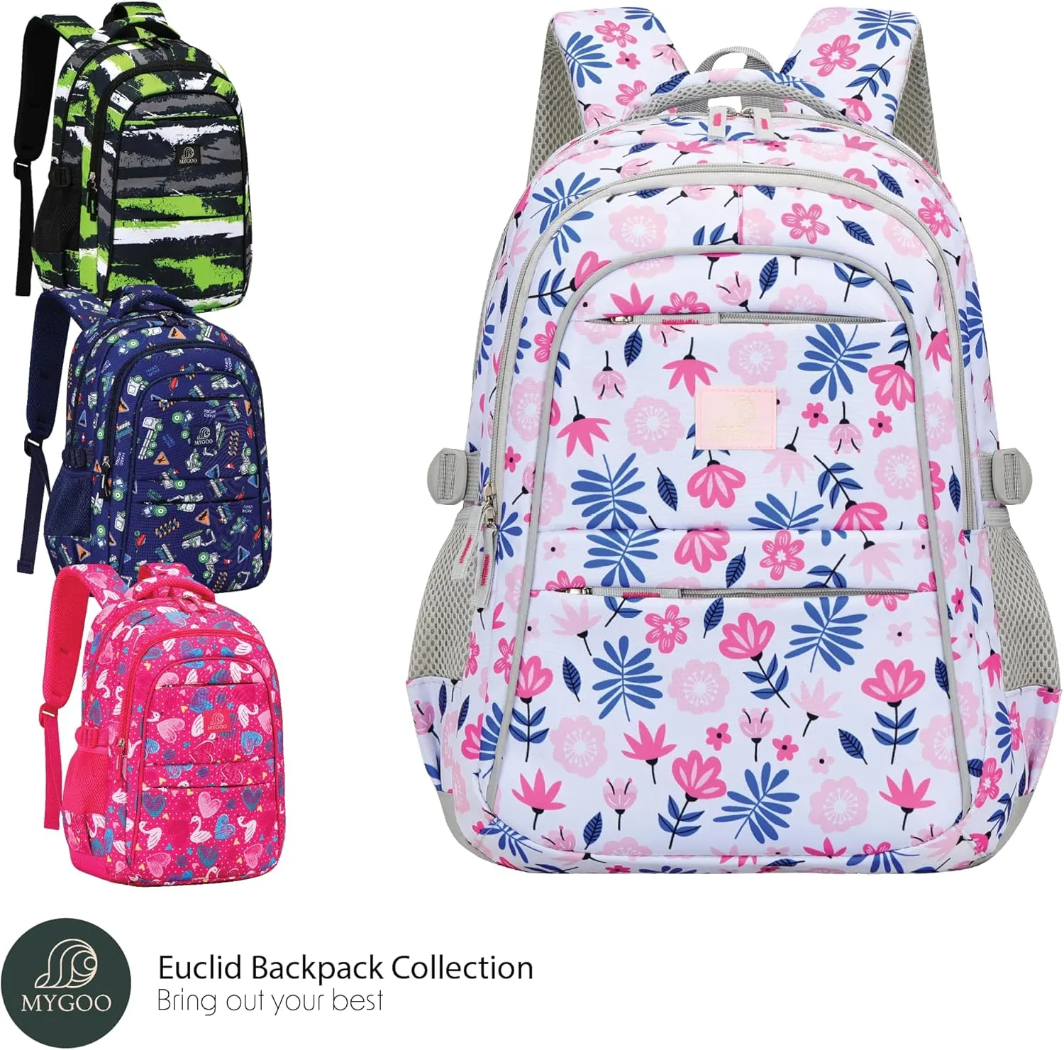 Girls Backpack | Euclid Collection | Flower Pink Design | Tailored for Education | 17 inch Tall 24L