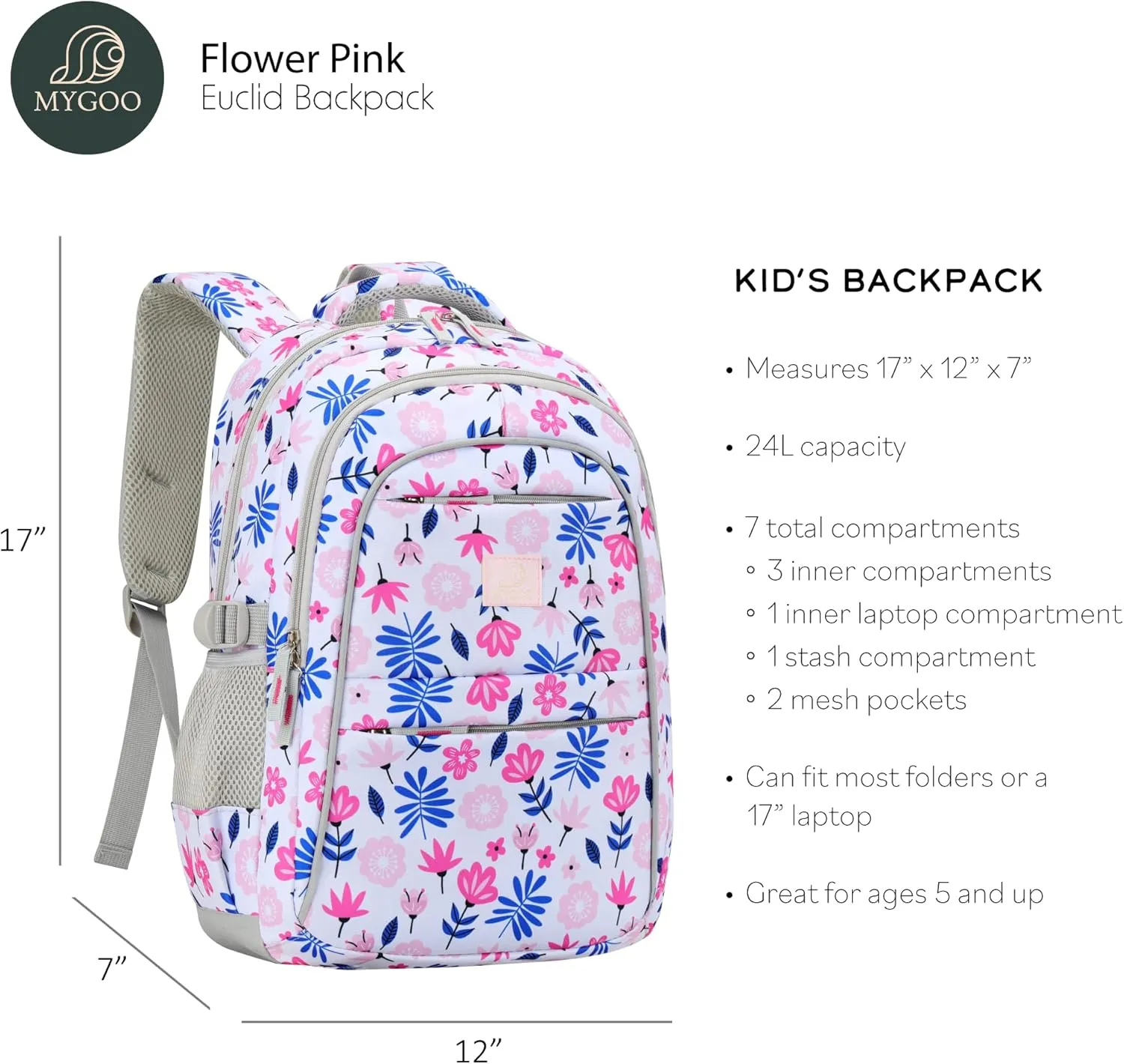 Girls Backpack | Euclid Collection | Flower Pink Design | Tailored for Education | 17 inch Tall 24L