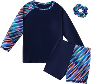 Girls Long Sleeve Swimsuits 2 Pieces Set Rash Guard Swimwear Quick Dry Surfing Wetsuit for Kids Bathing Suit 5-16 Years