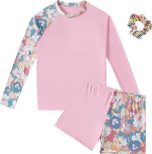 Girls Long Sleeve Swimsuits 2 Pieces Set Rash Guard Swimwear Quick Dry Surfing Wetsuit for Kids Bathing Suit 5-16 Years