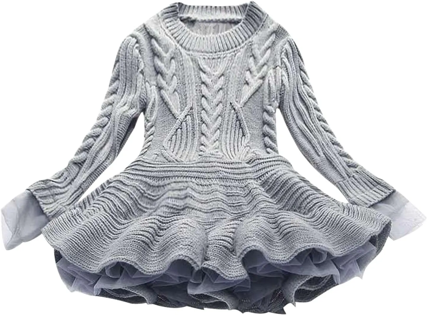 Girls Ribbed Knit Sweaters Dress Long Sleeve Vintage Cable Mini Dress Lace Patchwork Multi Swing Princess Dresses