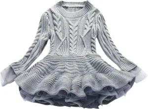 Girls Ribbed Knit Sweaters Dress Long Sleeve Vintage Cable Mini Dress Lace Patchwork Multi Swing Princess Dresses