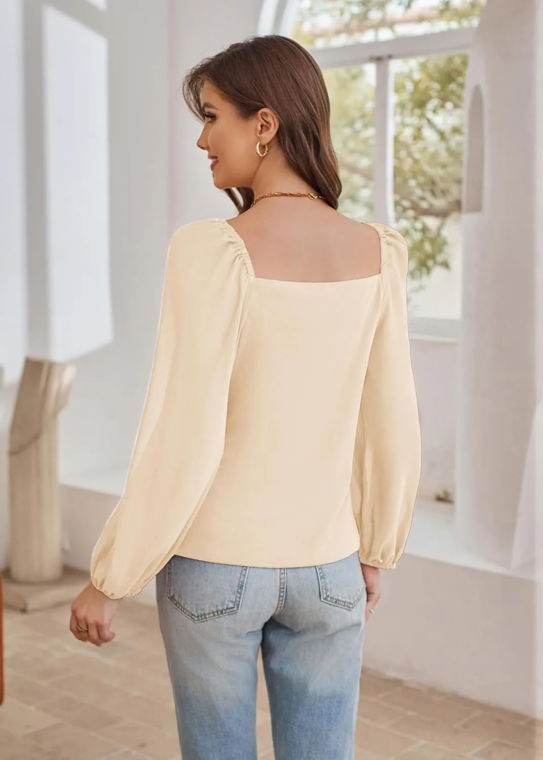 GRACE KARIN Women's Lantern Long Sleeve Tops 2024 Casual Loose Chiffon Shirts Criss Cross Ruffle Pleated Blouses
