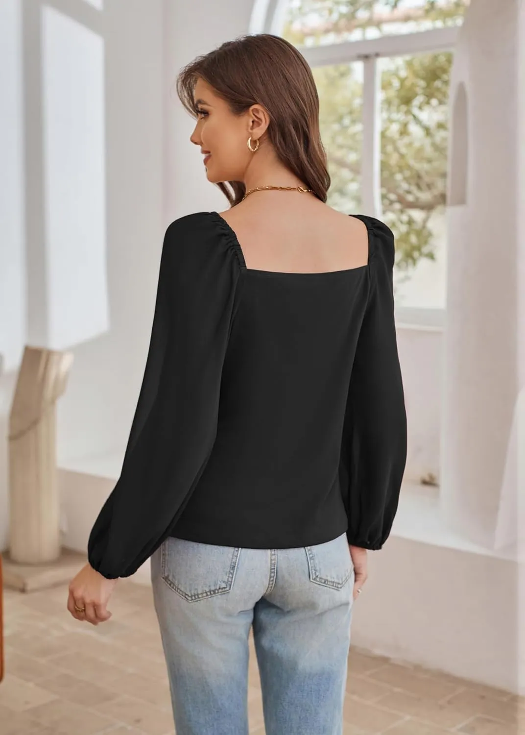 GRACE KARIN Women's Lantern Long Sleeve Tops 2024 Casual Loose Chiffon Shirts Criss Cross Ruffle Pleated Blouses