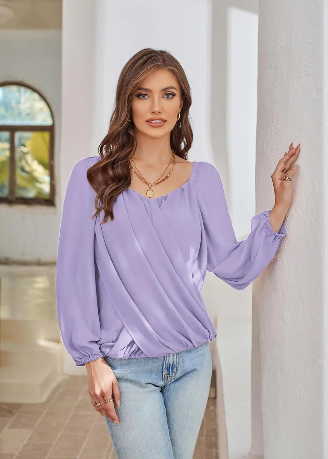 GRACE KARIN Women's Lantern Long Sleeve Tops 2024 Casual Loose Chiffon Shirts Criss Cross Ruffle Pleated Blouses