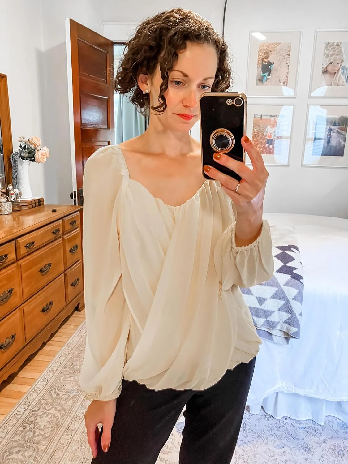 GRACE KARIN Women's Lantern Long Sleeve Tops 2024 Casual Loose Chiffon Shirts Criss Cross Ruffle Pleated Blouses