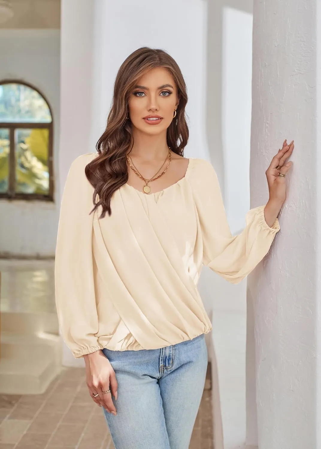 GRACE KARIN Women's Lantern Long Sleeve Tops 2024 Casual Loose Chiffon Shirts Criss Cross Ruffle Pleated Blouses