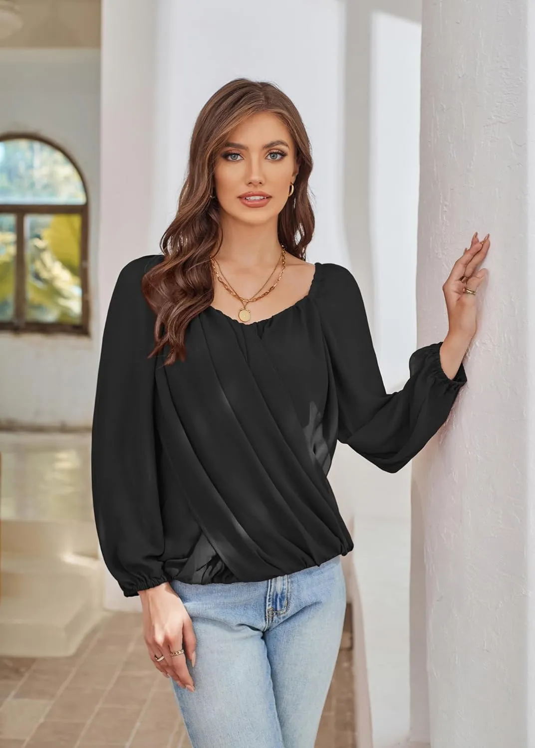 GRACE KARIN Women's Lantern Long Sleeve Tops 2024 Casual Loose Chiffon Shirts Criss Cross Ruffle Pleated Blouses