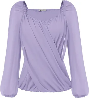 GRACE KARIN Women's Lantern Long Sleeve Tops 2024 Casual Loose Chiffon Shirts Criss Cross Ruffle Pleated Blouses