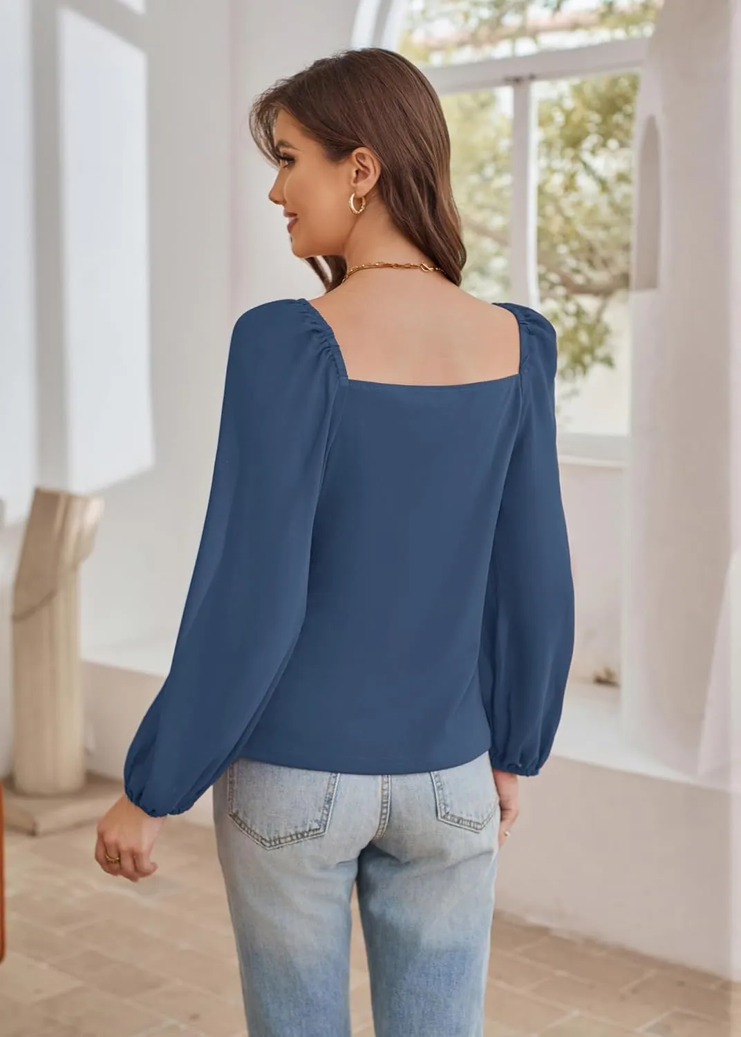 GRACE KARIN Women's Lantern Long Sleeve Tops 2024 Casual Loose Chiffon Shirts Criss Cross Ruffle Pleated Blouses