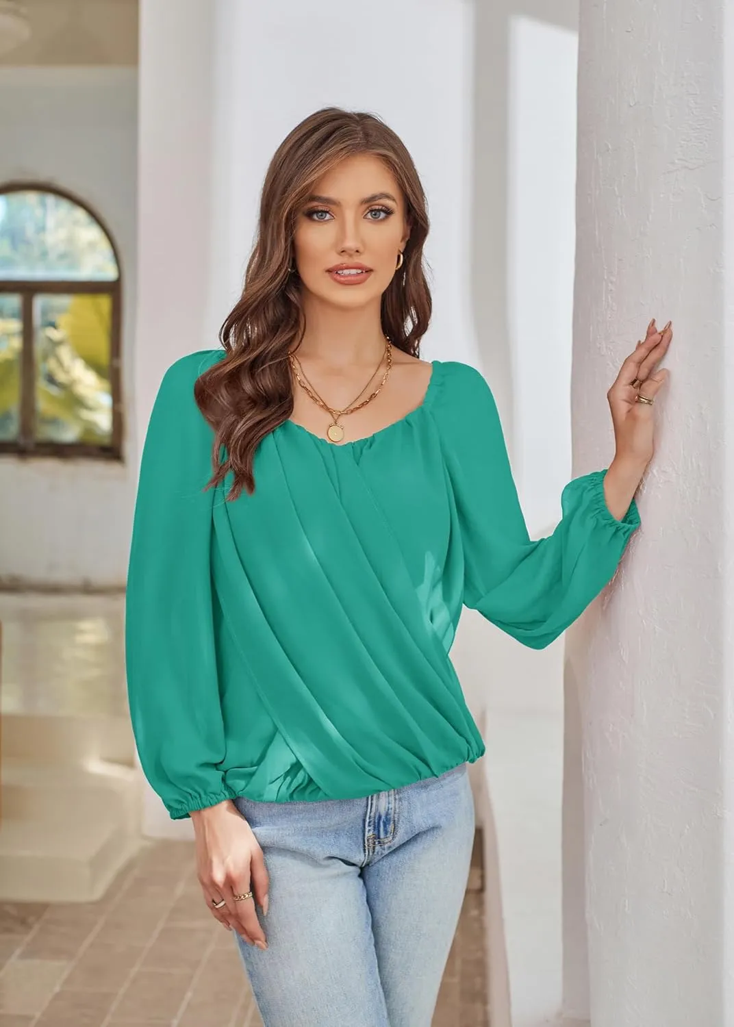 GRACE KARIN Women's Lantern Long Sleeve Tops 2024 Casual Loose Chiffon Shirts Criss Cross Ruffle Pleated Blouses