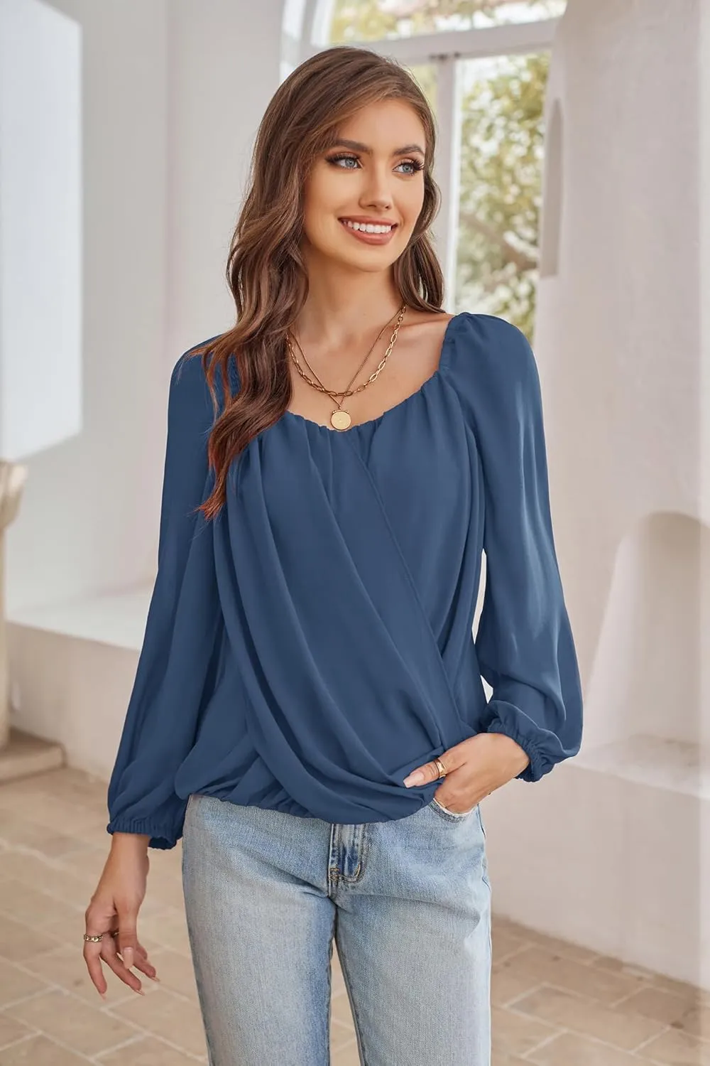GRACE KARIN Women's Lantern Long Sleeve Tops 2024 Casual Loose Chiffon Shirts Criss Cross Ruffle Pleated Blouses