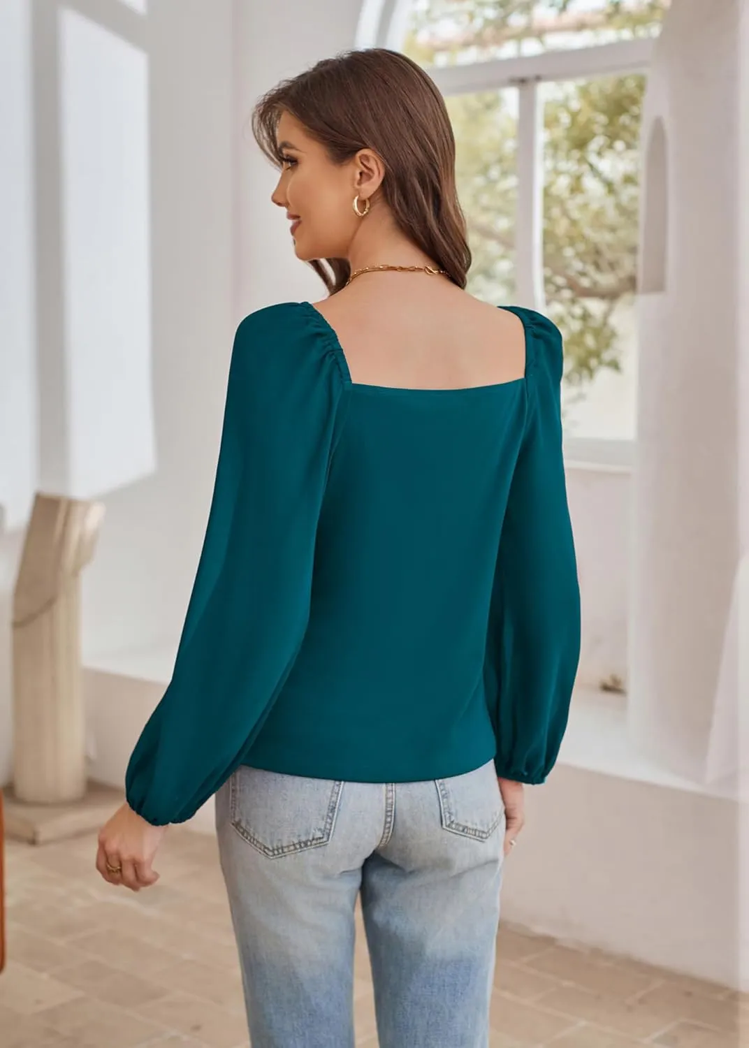 GRACE KARIN Women's Lantern Long Sleeve Tops 2024 Casual Loose Chiffon Shirts Criss Cross Ruffle Pleated Blouses
