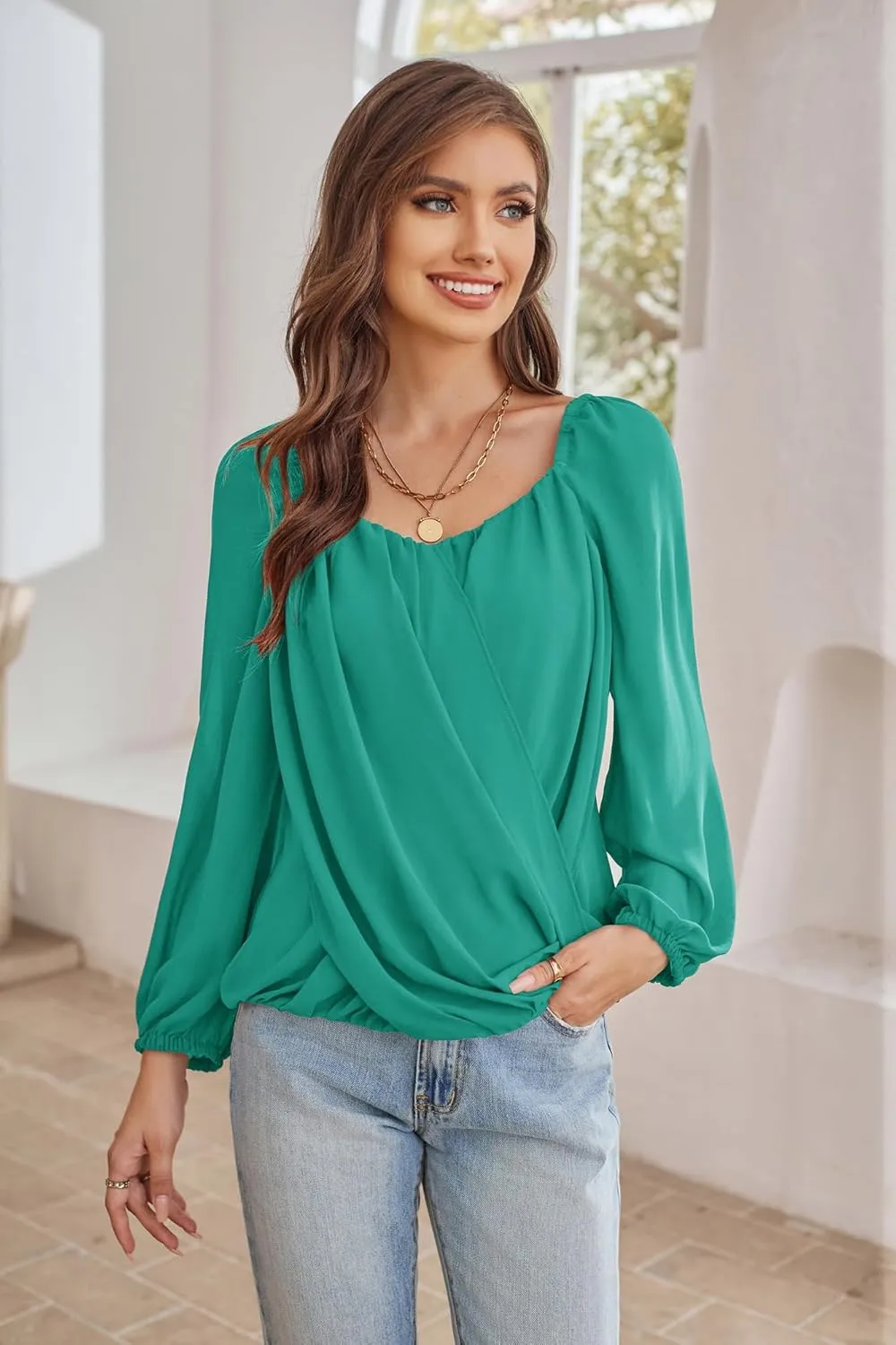 GRACE KARIN Women's Lantern Long Sleeve Tops 2024 Casual Loose Chiffon Shirts Criss Cross Ruffle Pleated Blouses