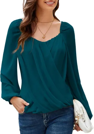 GRACE KARIN Women's Lantern Long Sleeve Tops 2024 Casual Loose Chiffon Shirts Criss Cross Ruffle Pleated Blouses