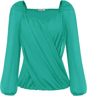 GRACE KARIN Women's Lantern Long Sleeve Tops 2024 Casual Loose Chiffon Shirts Criss Cross Ruffle Pleated Blouses