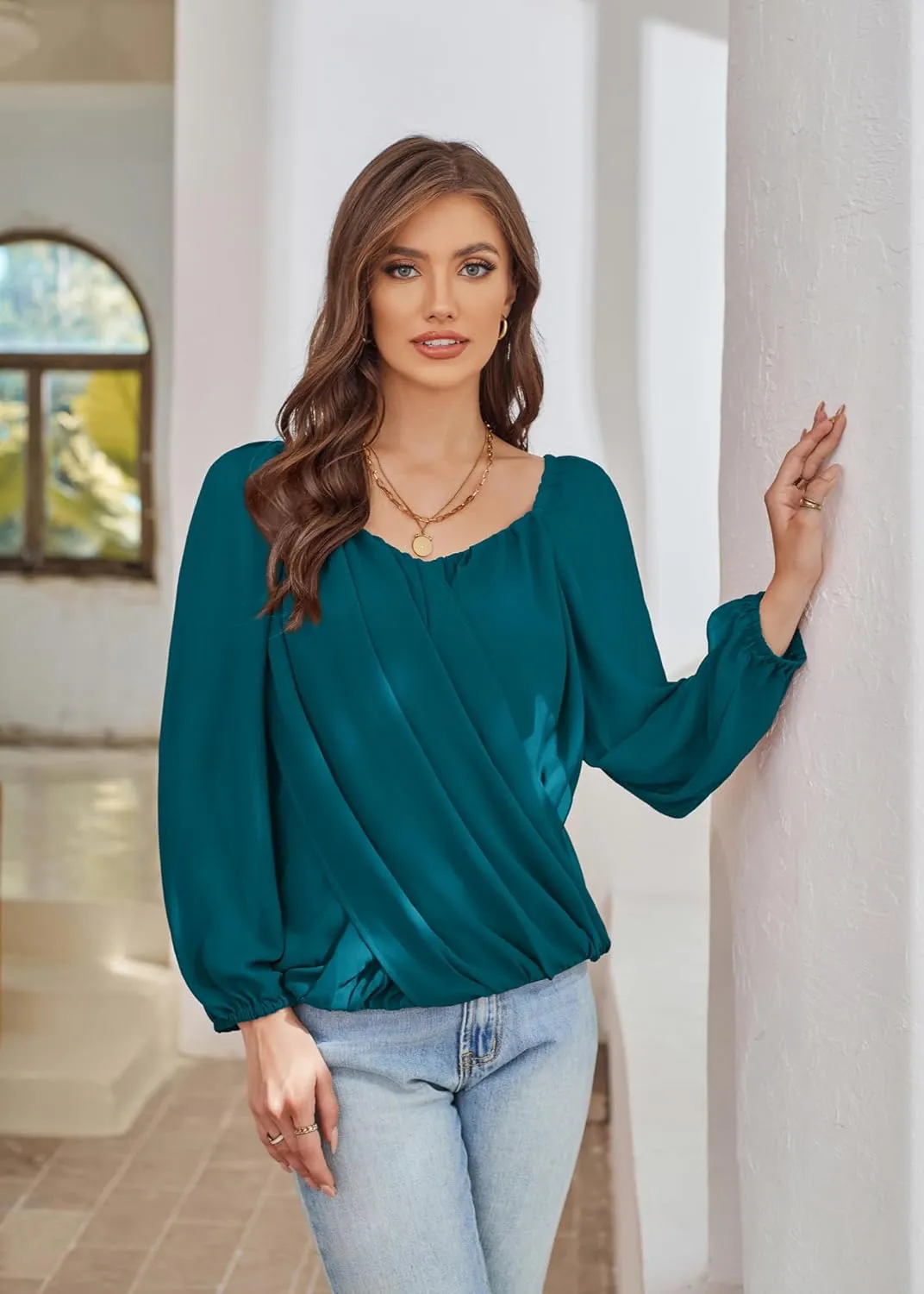 GRACE KARIN Women's Lantern Long Sleeve Tops 2024 Casual Loose Chiffon Shirts Criss Cross Ruffle Pleated Blouses