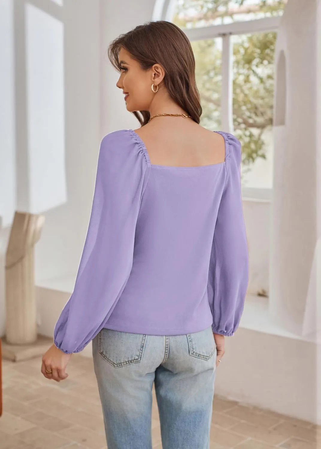 GRACE KARIN Women's Lantern Long Sleeve Tops 2024 Casual Loose Chiffon Shirts Criss Cross Ruffle Pleated Blouses