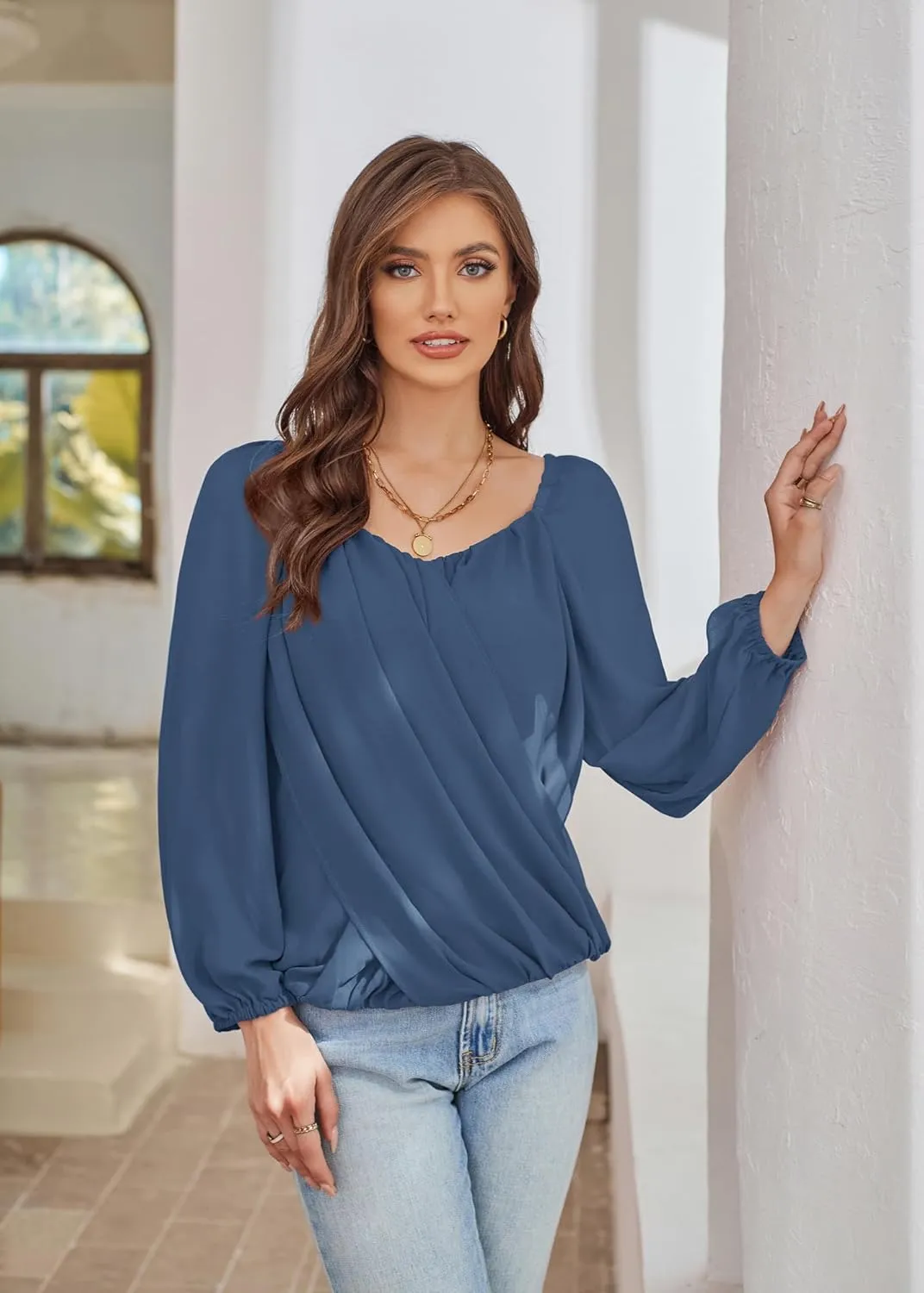 GRACE KARIN Women's Lantern Long Sleeve Tops 2024 Casual Loose Chiffon Shirts Criss Cross Ruffle Pleated Blouses
