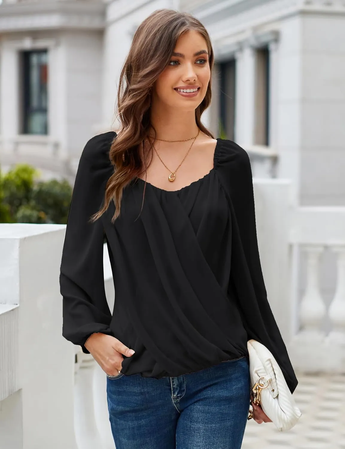 GRACE KARIN Women's Lantern Long Sleeve Tops 2024 Casual Loose Chiffon Shirts Criss Cross Ruffle Pleated Blouses