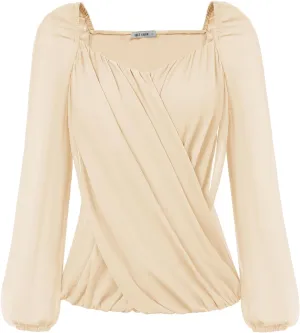 GRACE KARIN Women's Lantern Long Sleeve Tops 2024 Casual Loose Chiffon Shirts Criss Cross Ruffle Pleated Blouses
