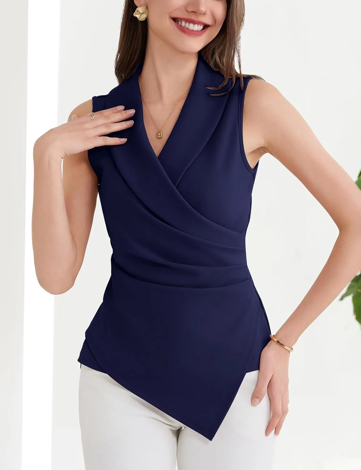 GRACE KARIN Women's Wrap V Neck Casual Work Tops Sleeveless Office Dressy Summer Blouse Asymmetrical Elegant Shirts