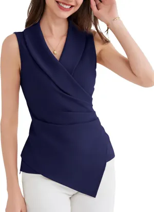 GRACE KARIN Women's Wrap V Neck Casual Work Tops Sleeveless Office Dressy Summer Blouse Asymmetrical Elegant Shirts