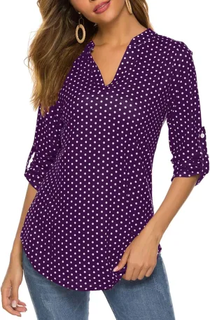 Halife Women's Roll Up 3/4 Sleeve Floral Print V Neck Tunic Blouses Tops Shirts
