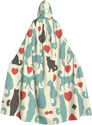 Happy Walking Kitty Print Long Cape Unisex Cloak With Hood Halloween Costume Cloak Adult Vampire Witch Cape